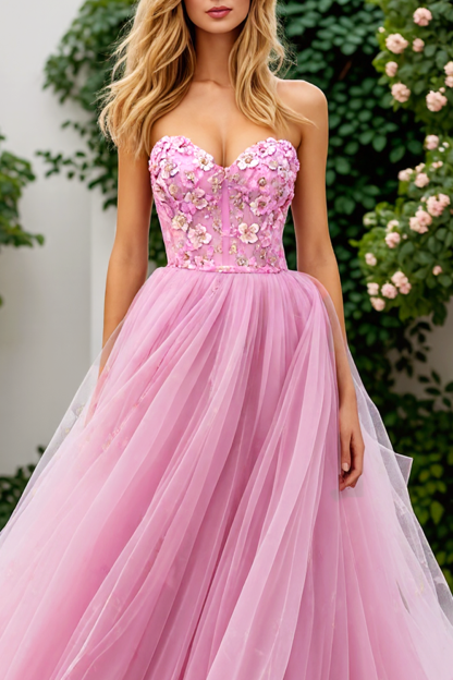 Pink Tulle Floral Strapless A-Line Long Corset Prom Dress