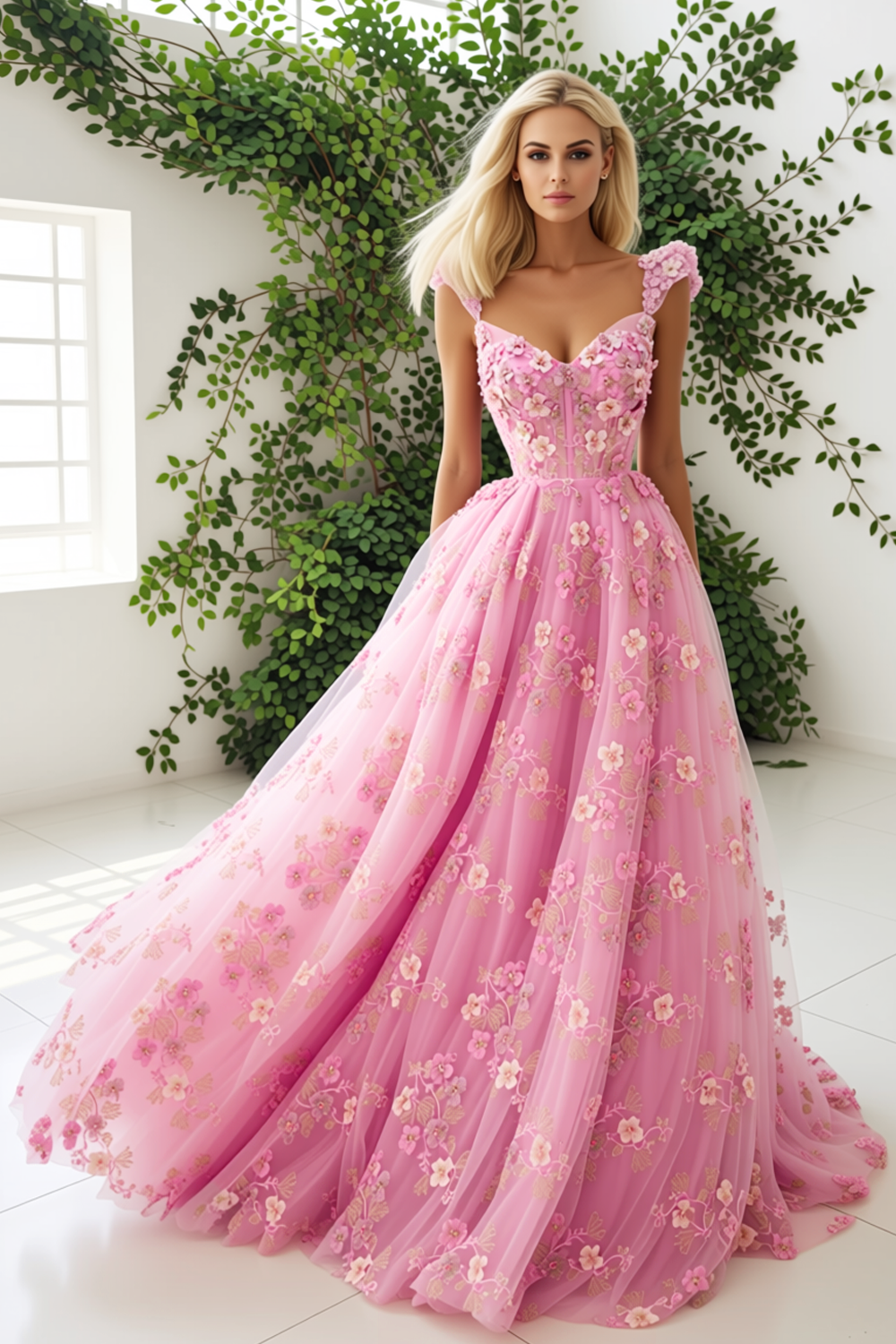 Leely Women Pink Corset Floral Tulle Maxi Prom Dress Appliqued Thick Straps A-Line Pageant Dress
