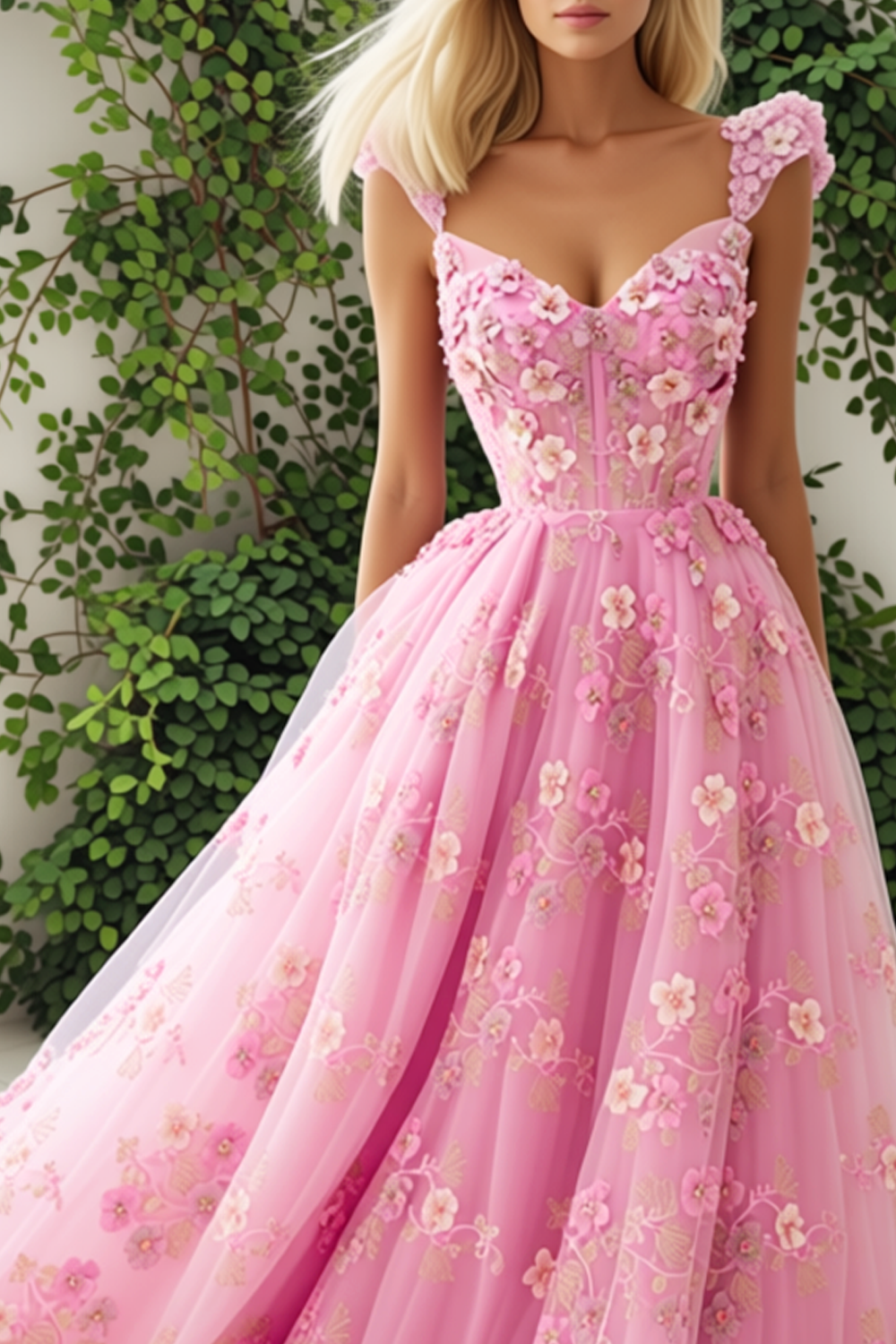 Pink Floral A-Line Tulle Thick Straps Maxi Corset Prom Dress