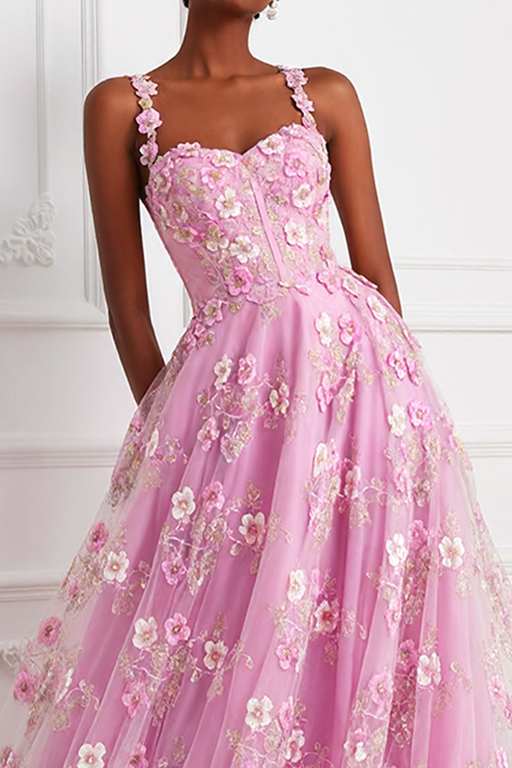 Pink Floral A-Line Thick Straps Long Corset Prom Dress