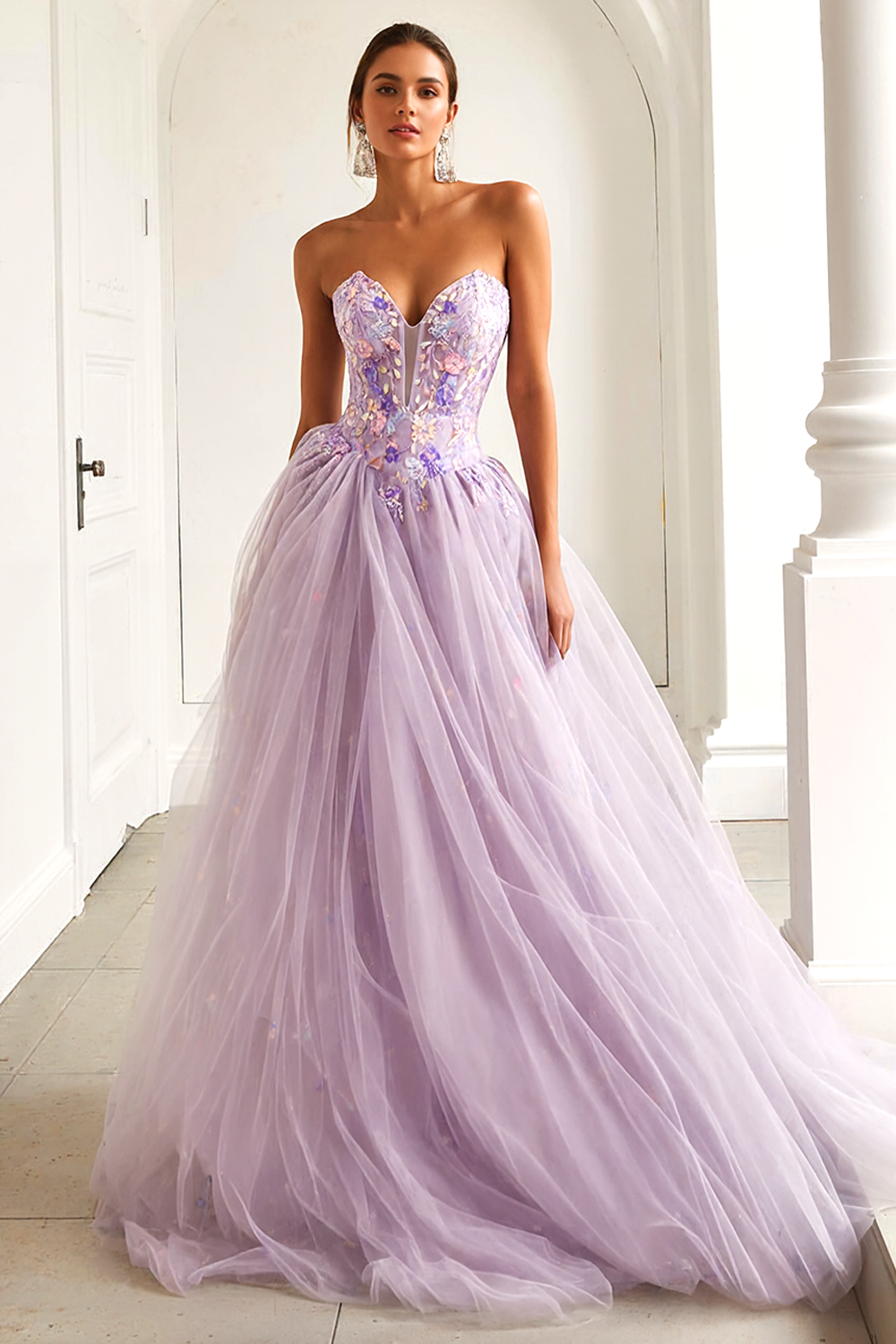 Lilac Floral Tulle A-Line Sweetheart Long Prom Dress