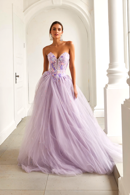 Lilac Floral Tulle A-Line Sweetheart Long Prom Dress