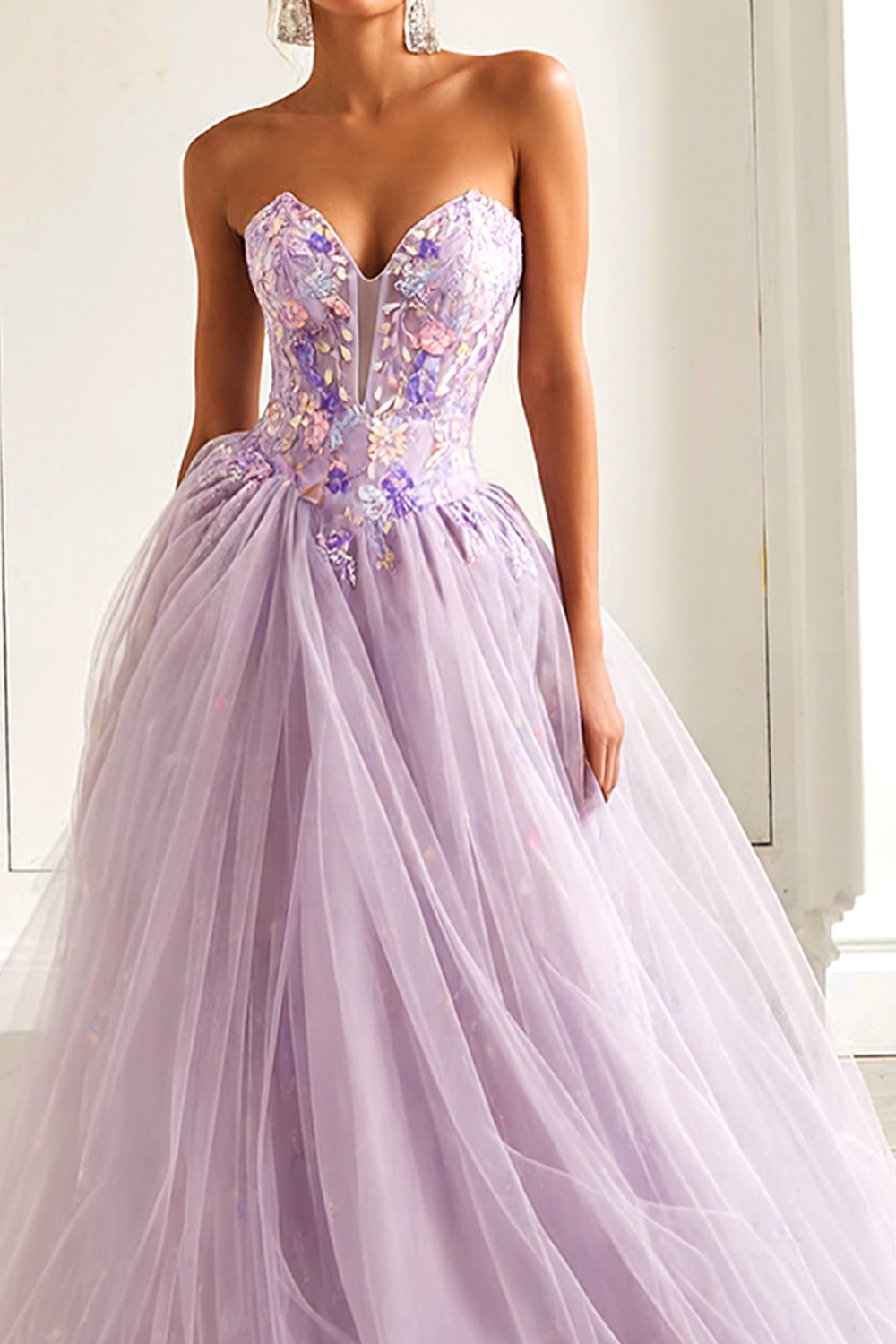 Lilac Floral Tulle A-Line Sweetheart Long Prom Dress