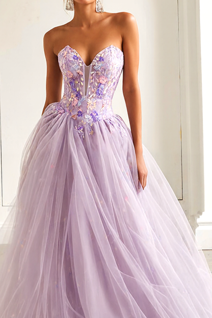 Lilac Floral Tulle A-Line Sweetheart Long Prom Dress