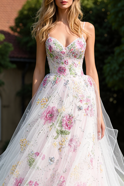 Sparkly White Floral Princess Ball Gown Long Prom Dress