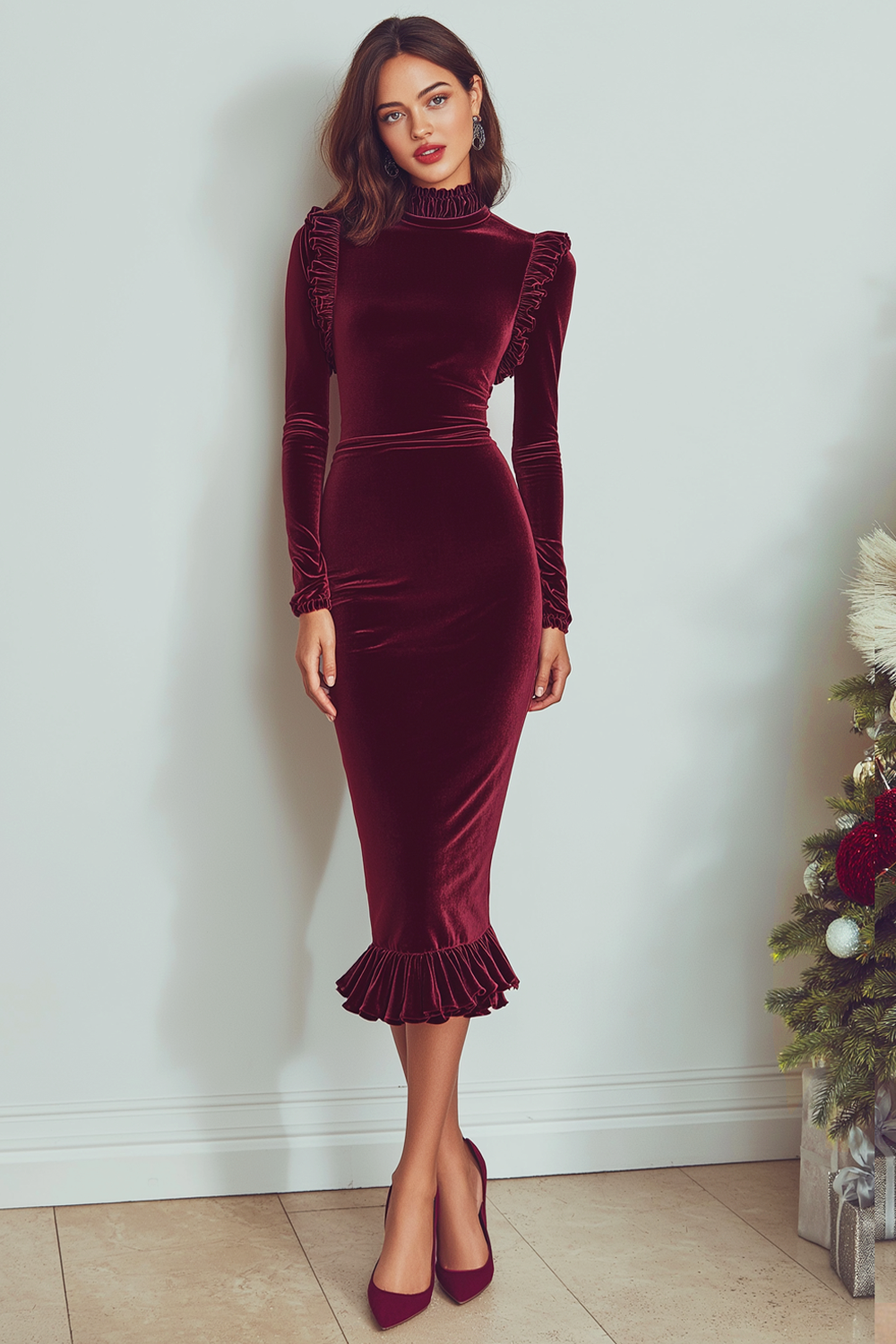 Burgundy High Neck Velvet Sheath Midi Holiday Party Dress with Sleeves