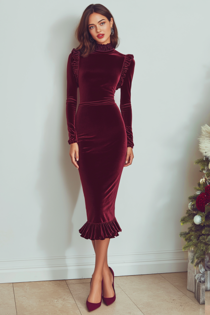 Leely Women Burgundy Velvet Sheath Midi Holiday Party Dress High Neck Ruffled Formal Dress with Sleeves