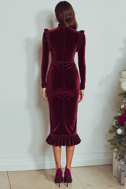 Burgundy High Neck Velvet Sheath Midi Holiday Party Dress with Sleeves