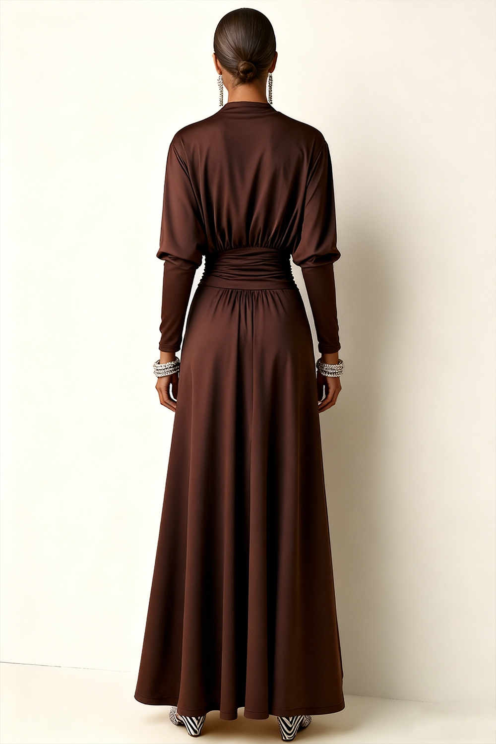 Brown Long Ruched A Line Round Neck Formal Dress with Pockets