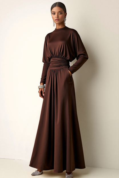 Brown Long Ruched A Line Round Neck Formal Dress with Pockets