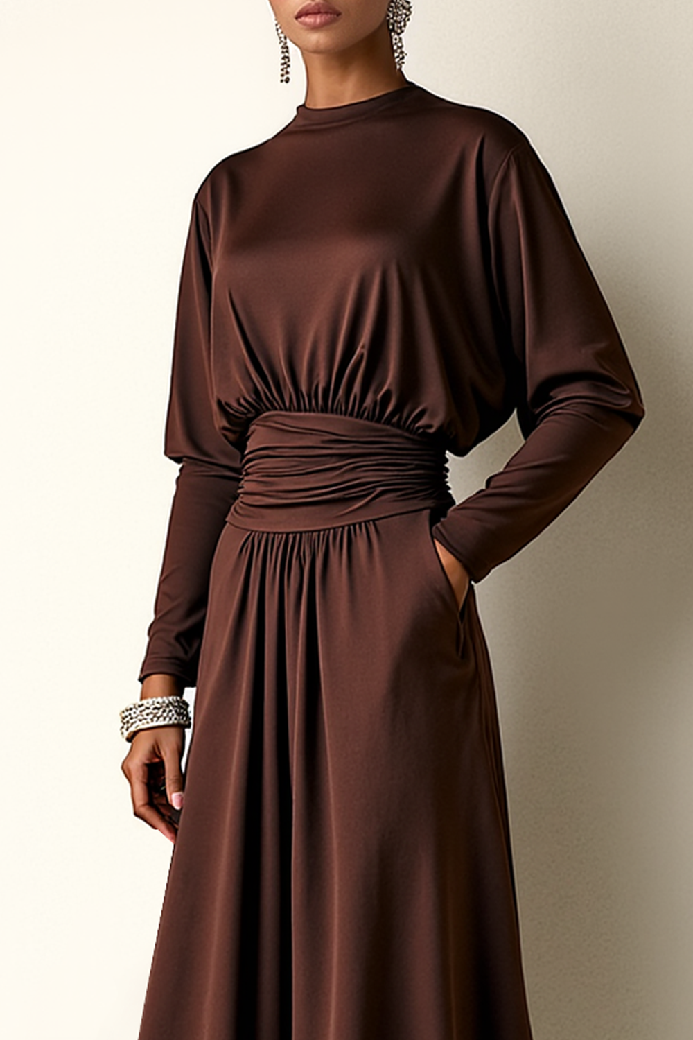 Brown Long Ruched A Line Round Neck Formal Dress with Pockets
