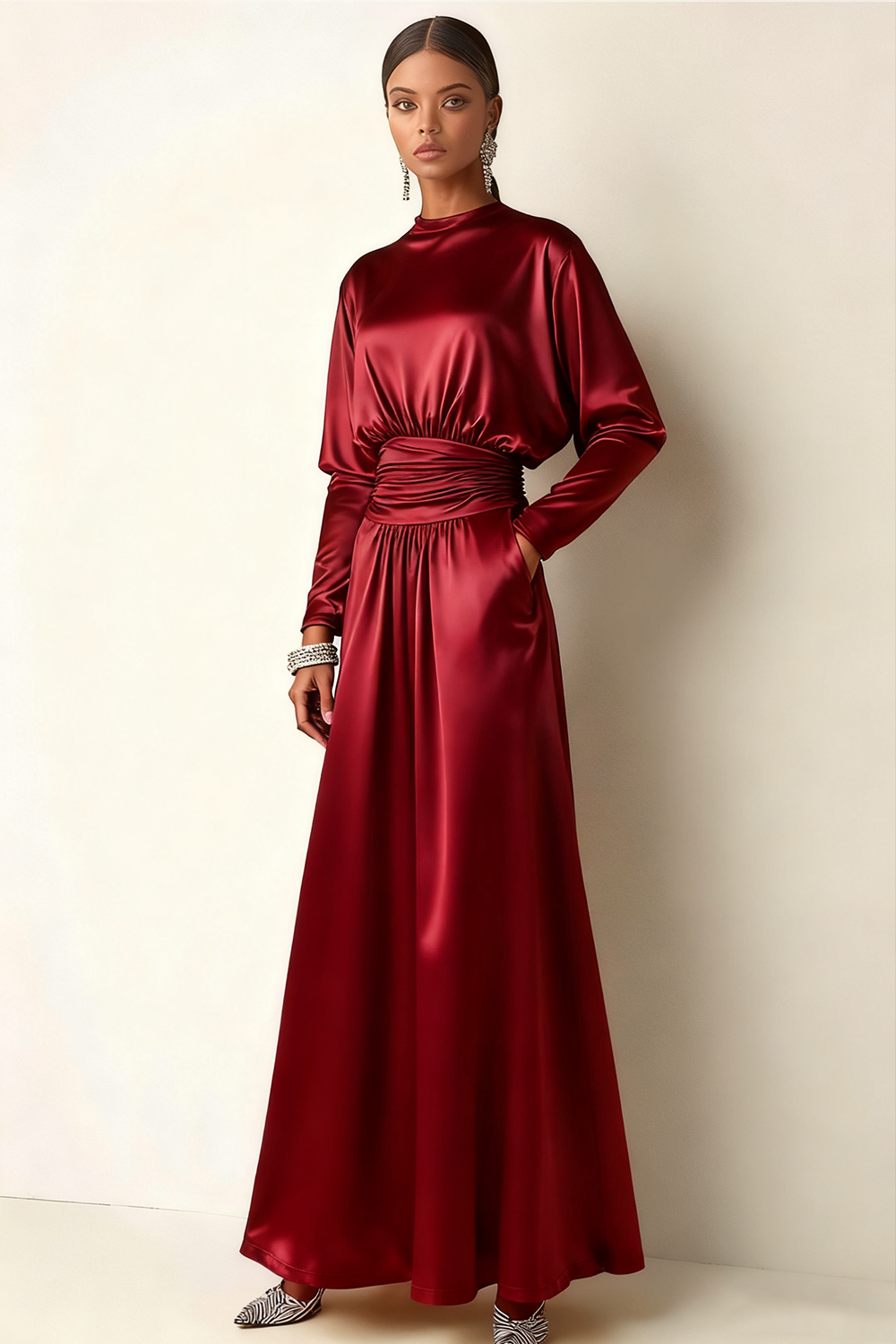 Brown Long Ruched A Line Round Neck Formal Dress with Pockets