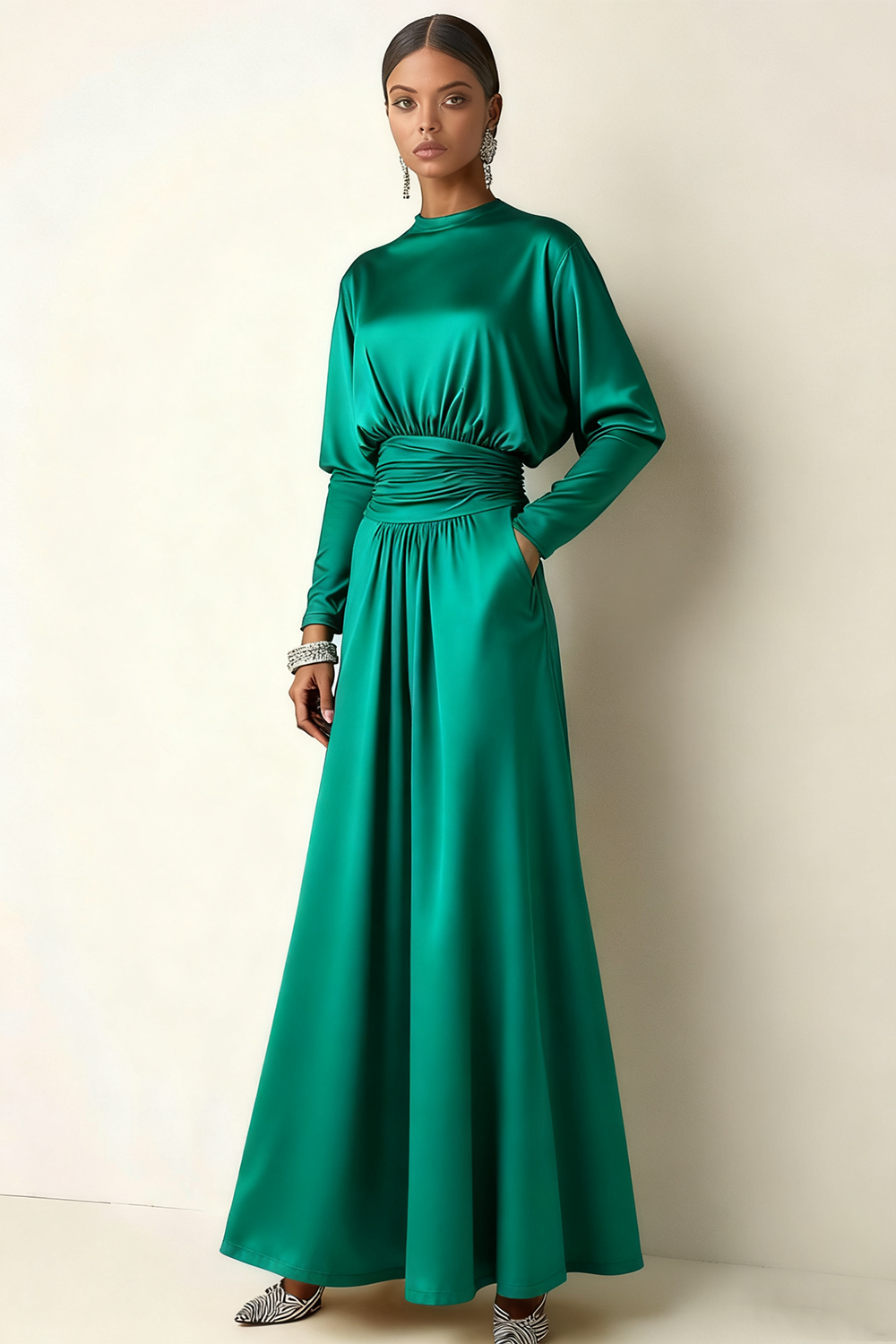 Leely Women Brown Ruched Long Formal Dress with Pockets A Line Round Neck Evening Dress with Sleeves