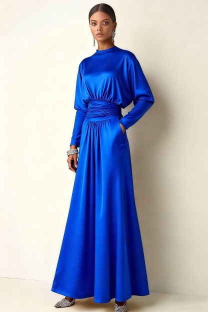 Brown Long Ruched A Line Round Neck Formal Dress with Pockets