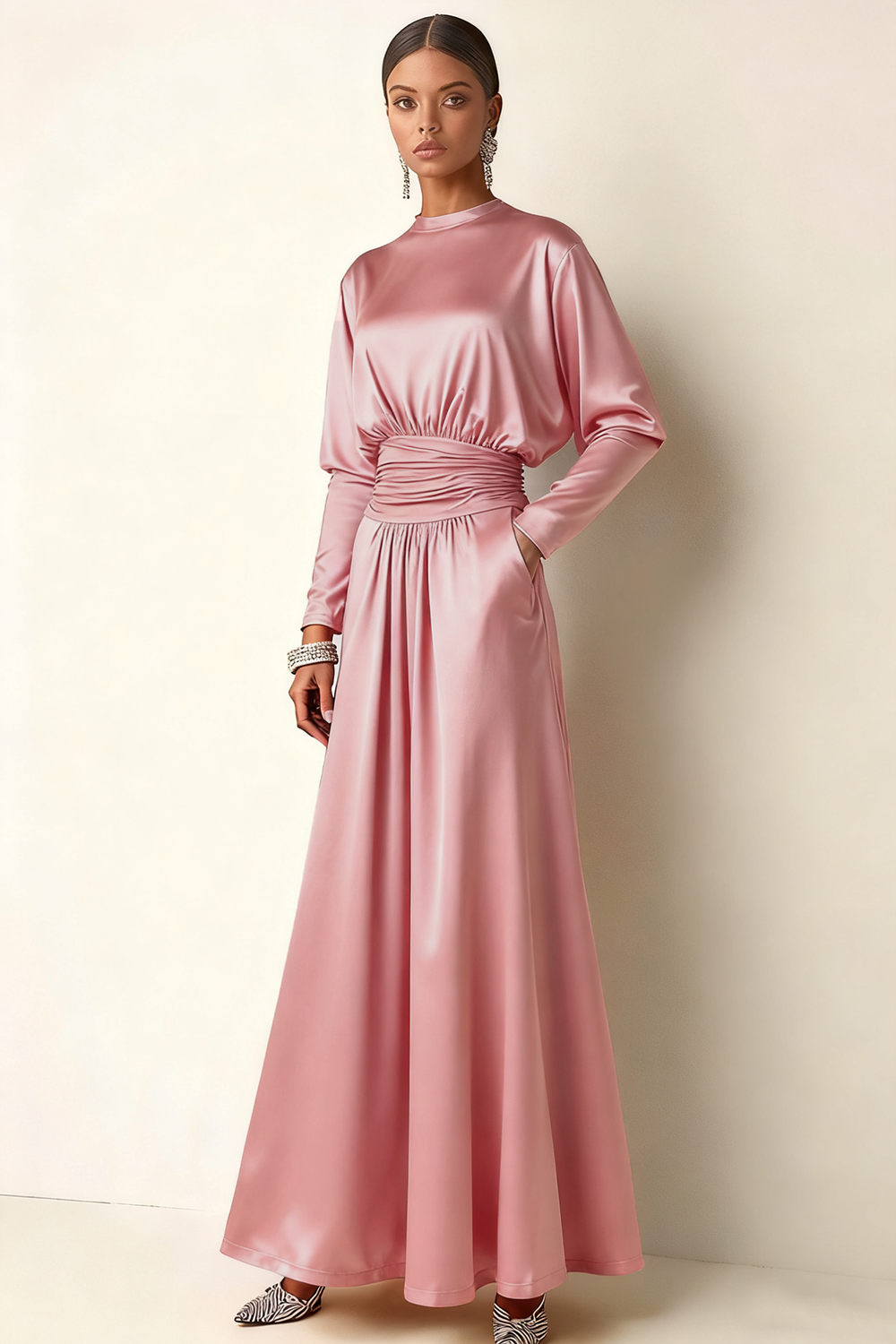 Brown Long Ruched A Line Round Neck Formal Dress with Pockets