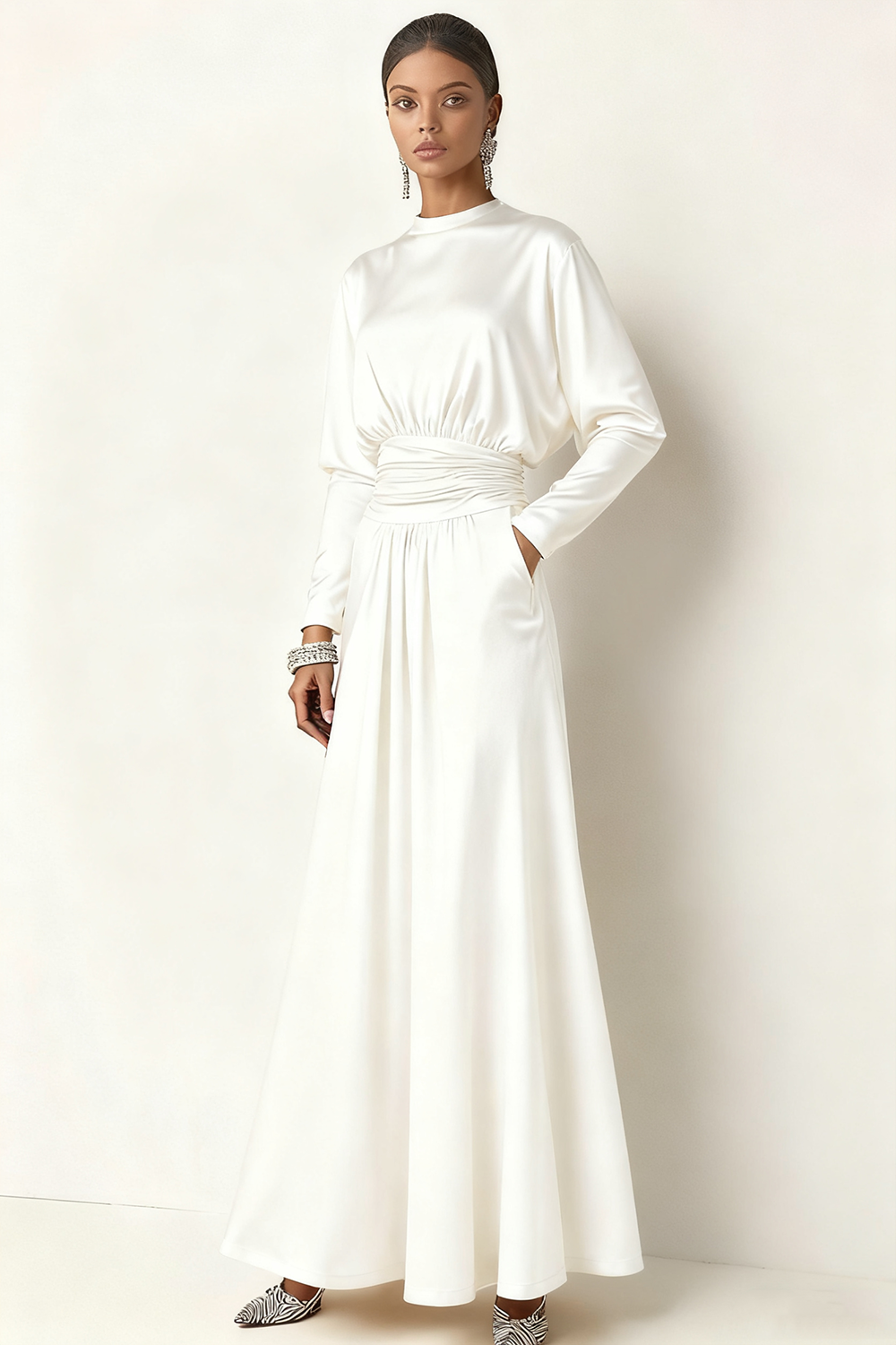 Brown Long Ruched A Line Round Neck Formal Dress with Pockets