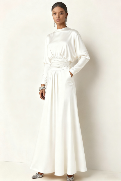 Brown Long Ruched A Line Round Neck Formal Dress with Pockets