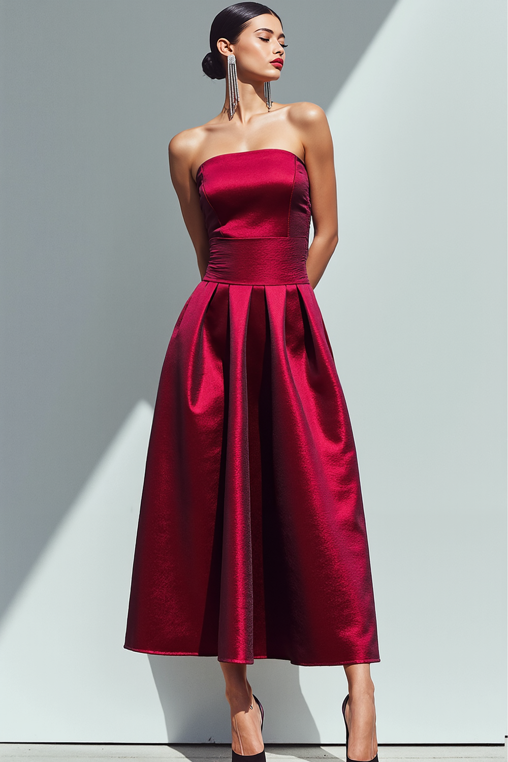 Burgundy Strapless Satin A Line Long Formal Dress