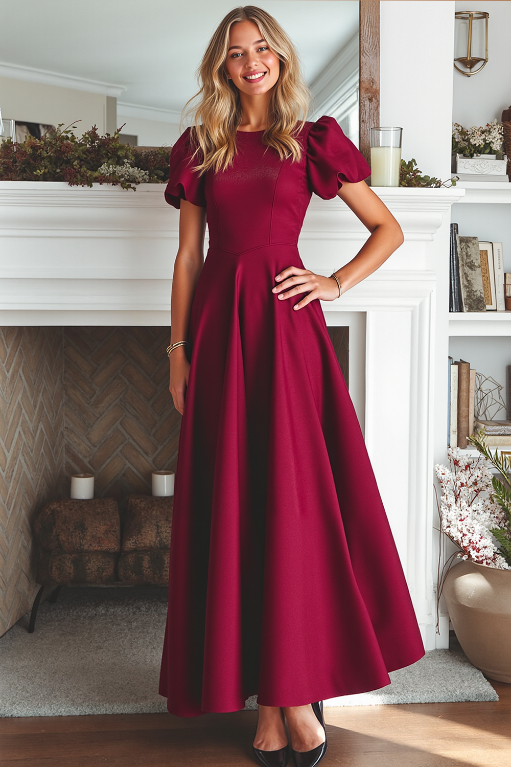 Leely Women Burgundy A Line Maxi Formal Dress Puff Sleeves Round Neck Evening Dress