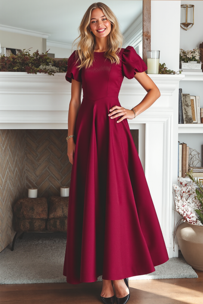 Leely Women Burgundy A Line Maxi Formal Dress Puff Sleeves Round Neck Evening Dress