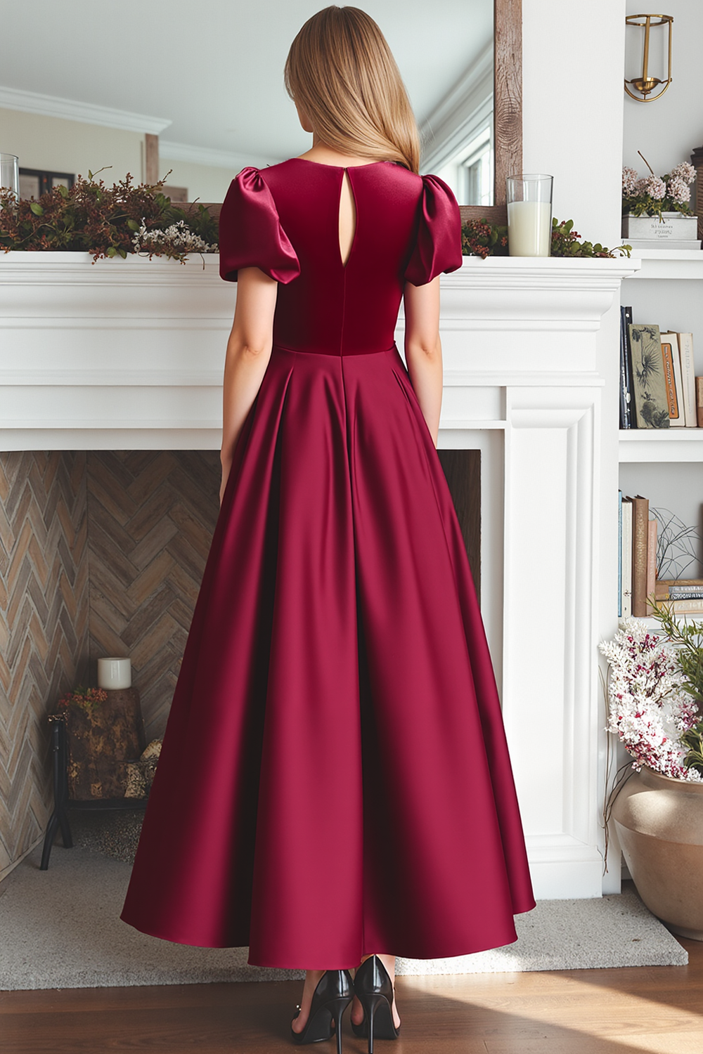Burgundy A Line Puff Sleeves Maxi Formal Dress