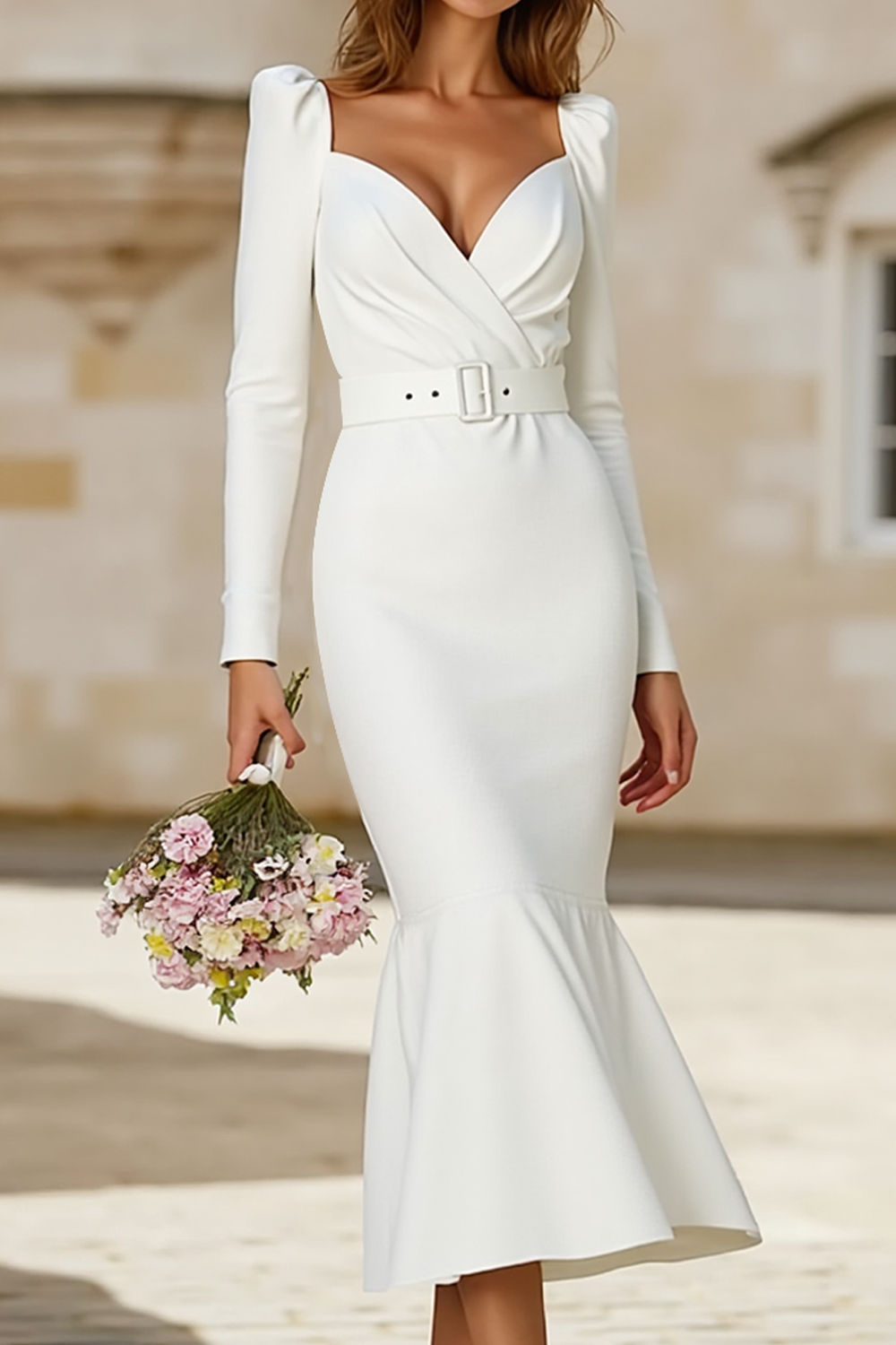 White Mermaid Long Sleeves Wedding Dress with Belts