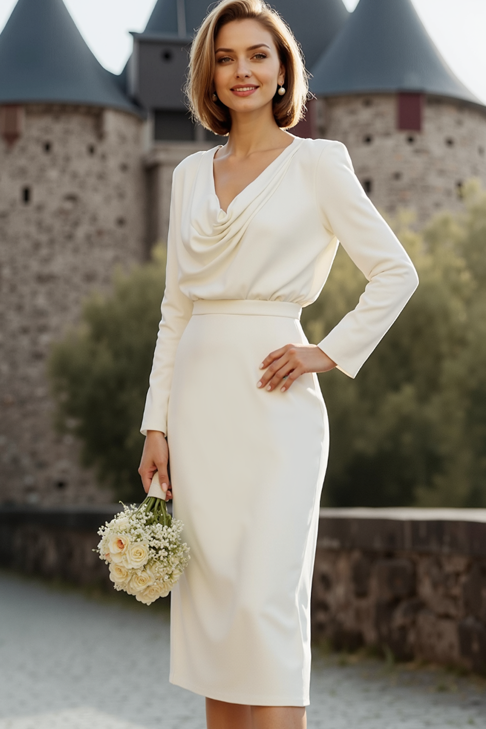 Leely Women Simple White Sheath Long Civil Wedding Dress Cowl Neck Long Sleeves Engagement Dress