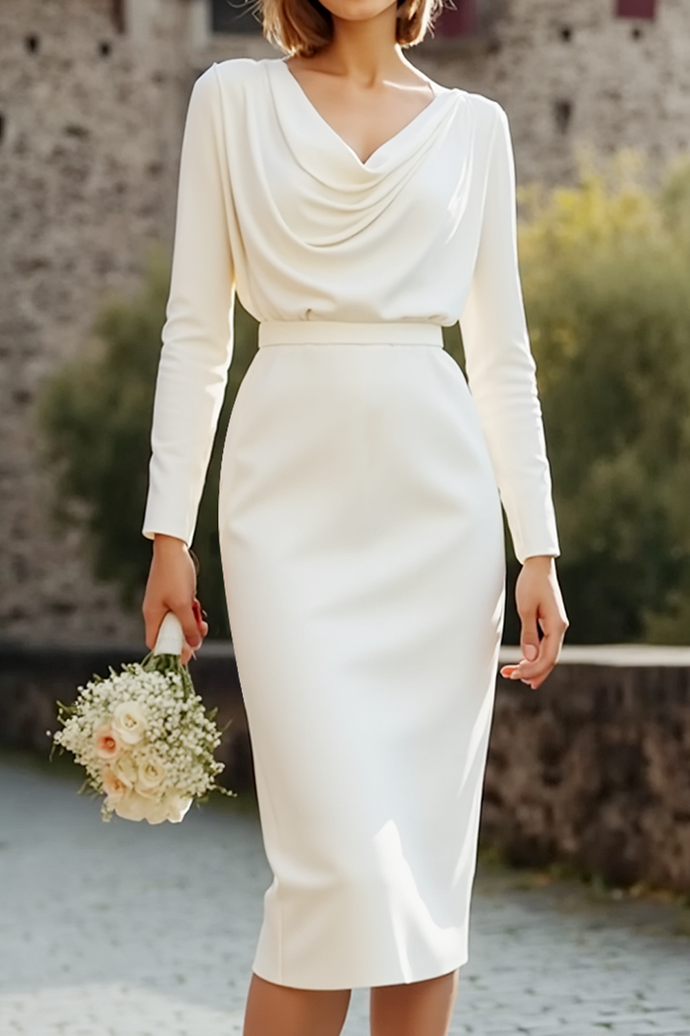 White Sheath Long Sleeves Cowl Neck Wedding Dress
