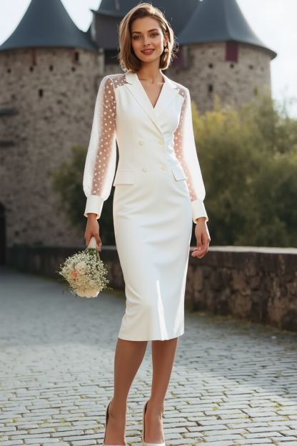 Leely Women White Sheath Double Breasted Registry Wedding Dress Long Sleeves Dotted Peak Lapel Engagement Dress