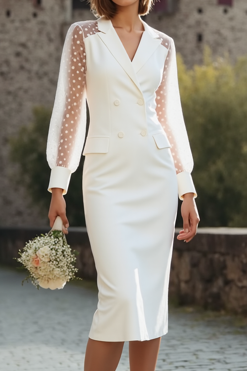 White Sheath Long Sleeves Double Breasted Wedding Dress