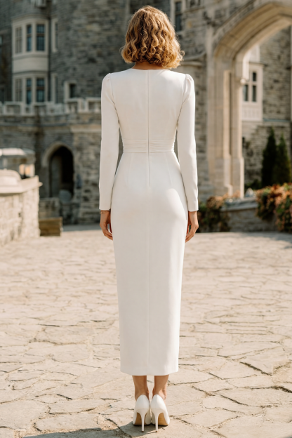 White Sheath Long Sleeves V-Neck Wedding Dress with Slit