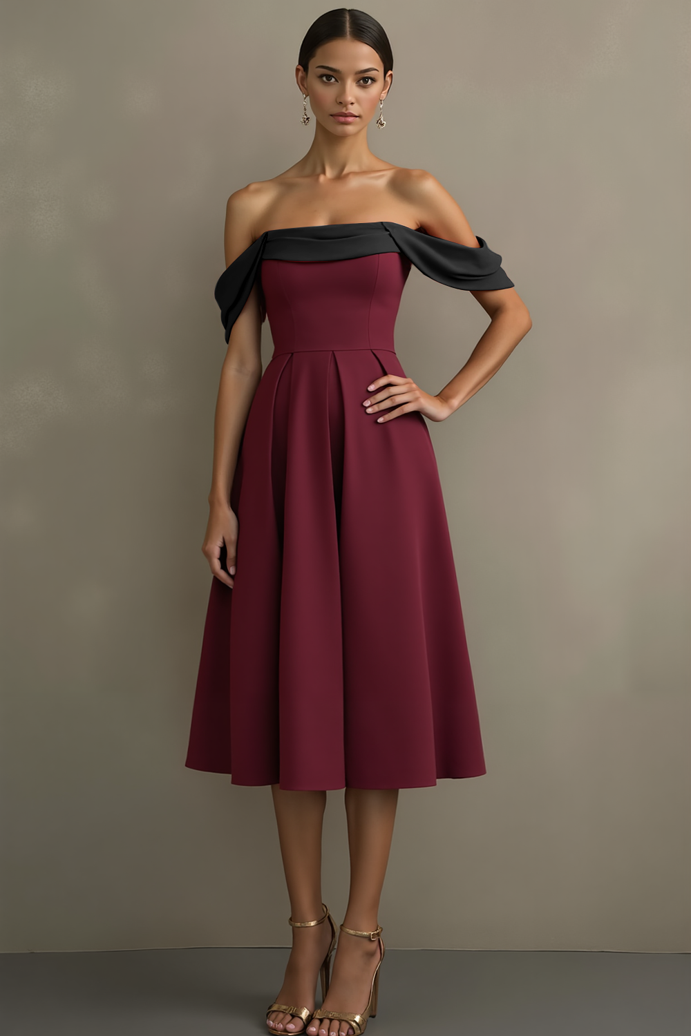 Leely Women Burgundy Black Patchwork Midi Evening Dress A Line Off the Shoulder Formal Dress