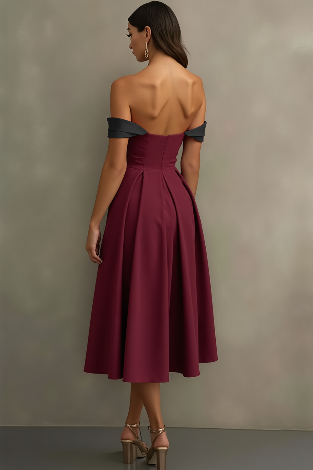 Burgundy Black Off the Shoulder A Line Midi Evening Dress