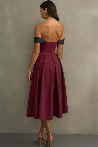 Burgundy Black Off the Shoulder A Line Midi Evening Dress