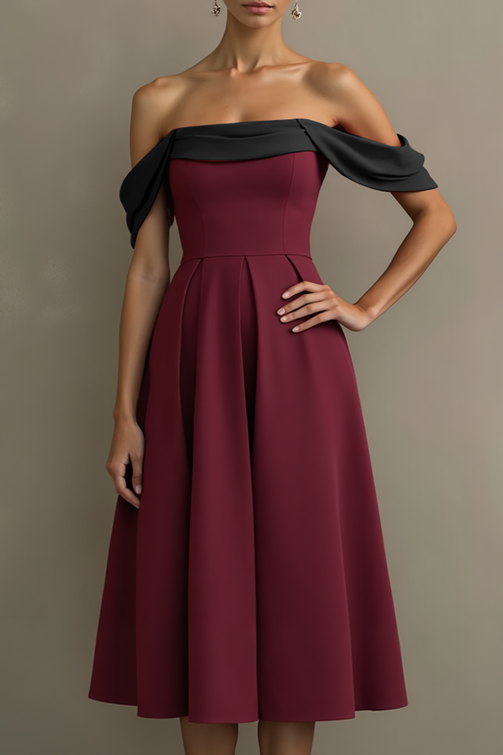 Burgundy Black Off the Shoulder A Line Midi Evening Dress