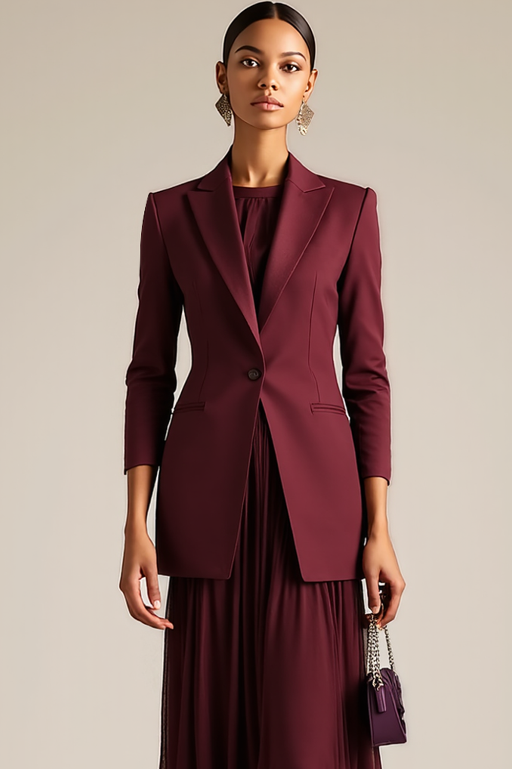 Leely Women Burgundy Peak Lapel Prom Blazer Long Sleeves One Button Slim Fitted Work Jacket