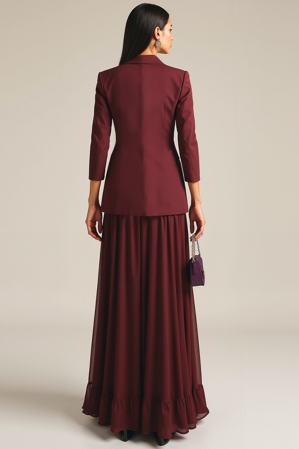 Burgundy Peak Lapel Slim Fitted Women Blazer