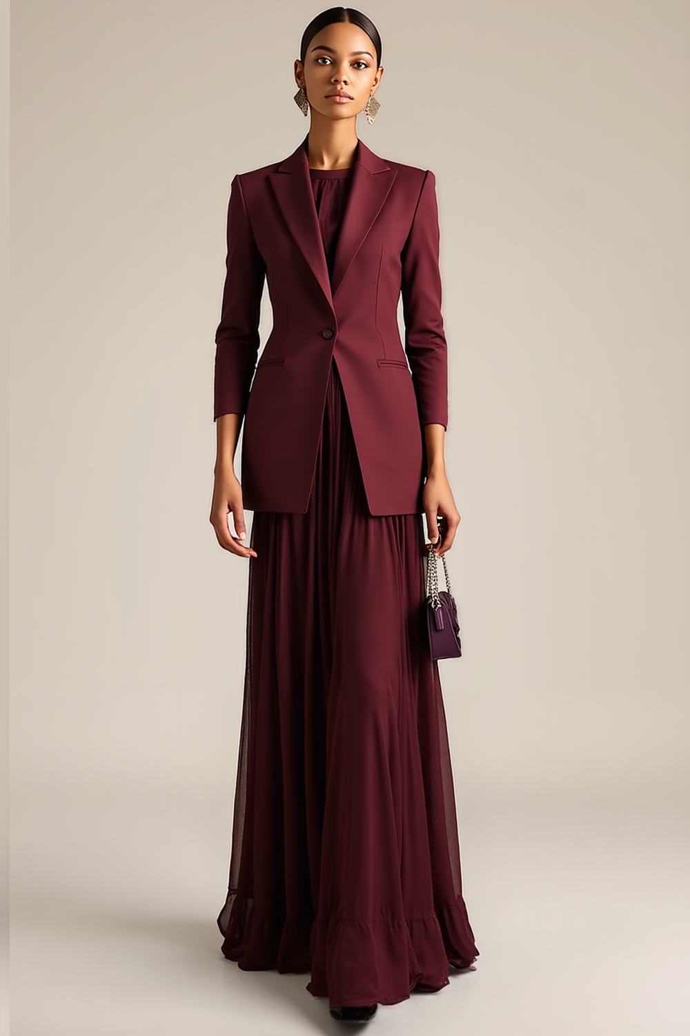 Burgundy Peak Lapel Slim Fitted Women Blazer