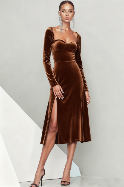 Emerald Green Velvet Midi Formal Dress with Sleeves