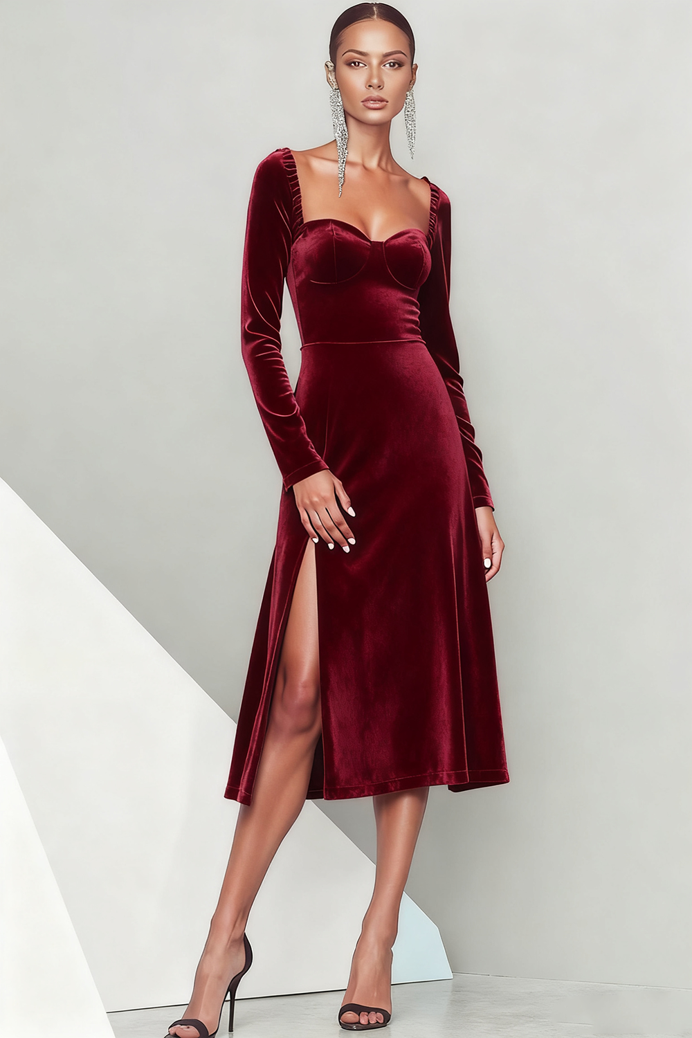 Emerald Green Velvet Midi Formal Dress with Sleeves