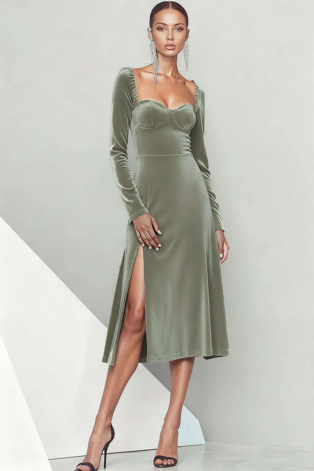 Emerald Green Velvet Midi Formal Dress with Sleeves