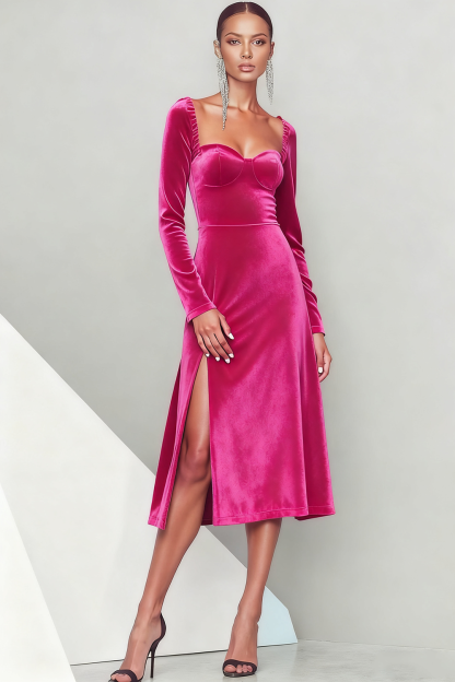 Emerald Green Velvet Midi Formal Dress with Sleeves