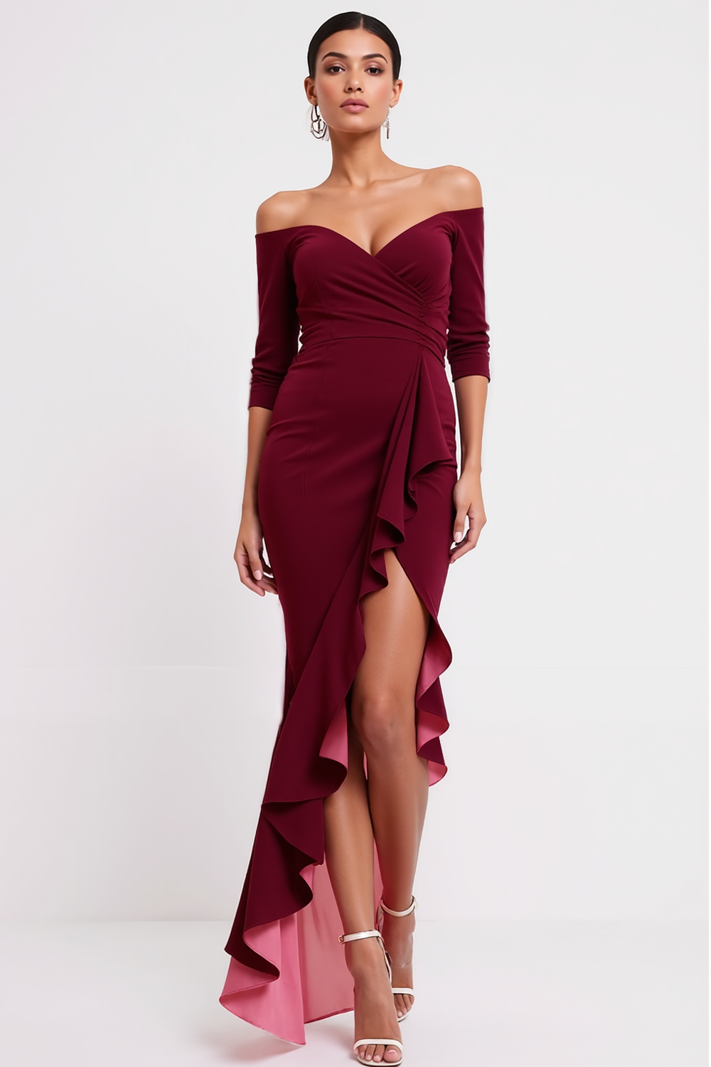 Leely Women Burgundy Sheath Ruffled Formal Dress with Sleeves Chiffon Off the Shoulder Asymmetrical Evening Dress with Drape