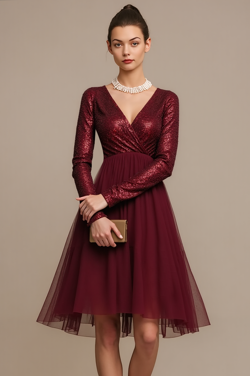 Leely Women Sparkly Burgundy Sequins Cocktail Dress with Sleeves V-Neck A Line Short Birthday Party Dress