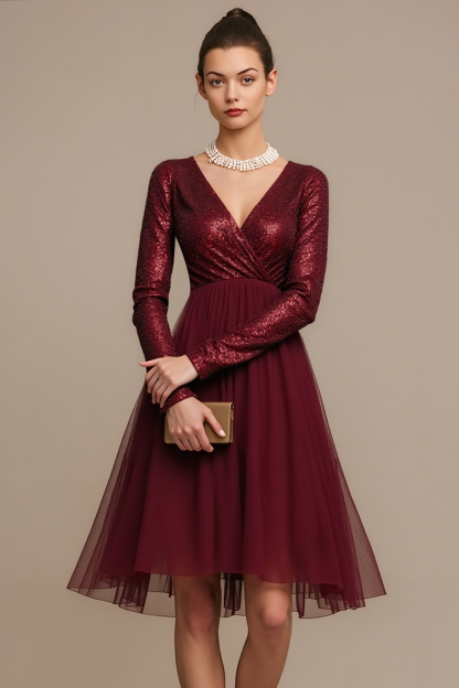 Leely Women Sparkly Burgundy Sequins Cocktail Dress with Sleeves V-Neck A Line Short Birthday Party Dress