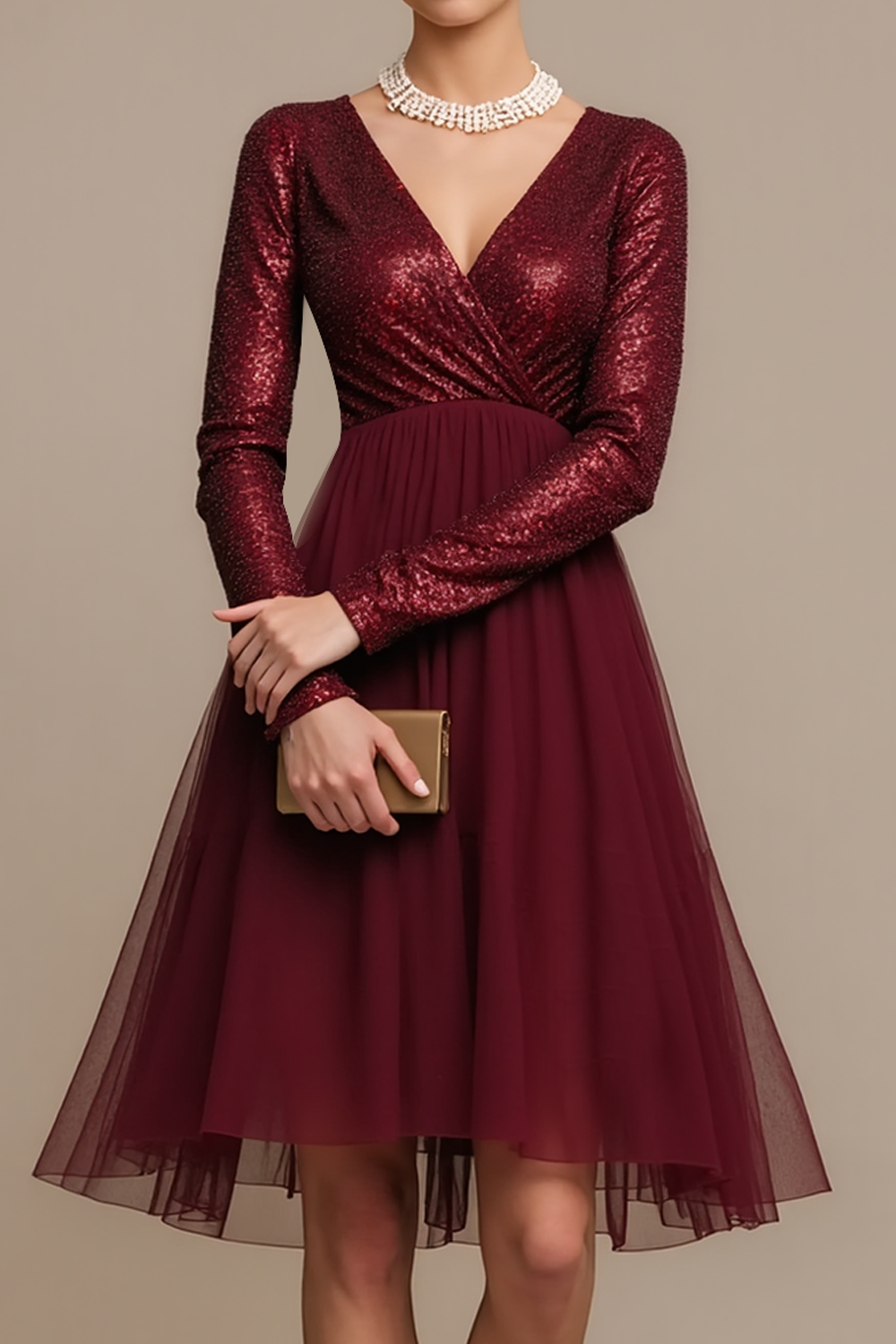Burgundy Sequins Short A Line Cocktail Party Dress with Sleeves