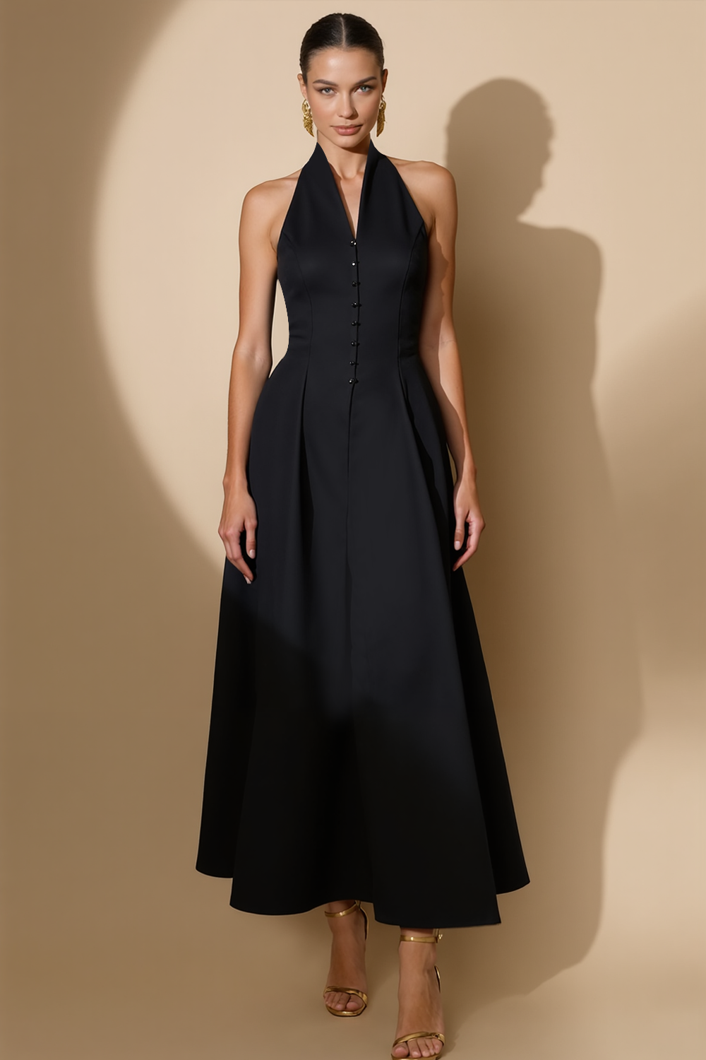 Black Halter Backless A Line Long Formal Dress