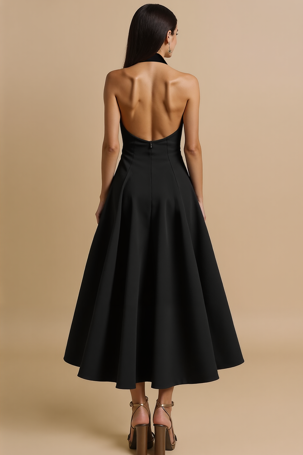 Black Halter Backless A Line Long Formal Dress