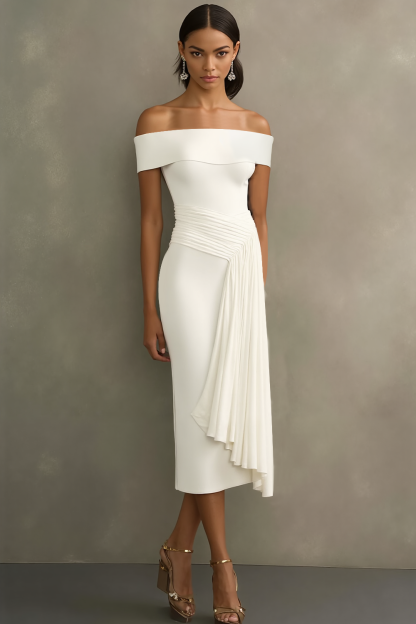 Leely Women White Sheath Midi Formal Dress with Drape Off the Shoulder Ruched Engagement Dress