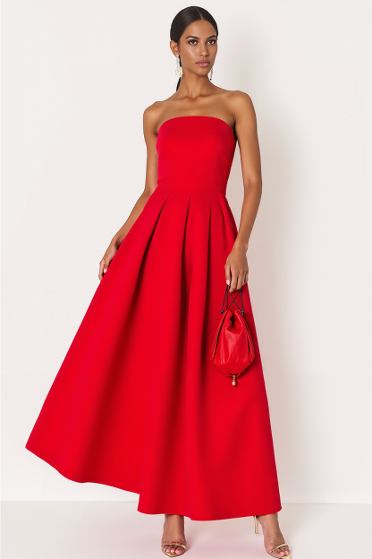 Leely Women Red Long Formal Dress Strapless A-Line Sleeveles Evening Dress